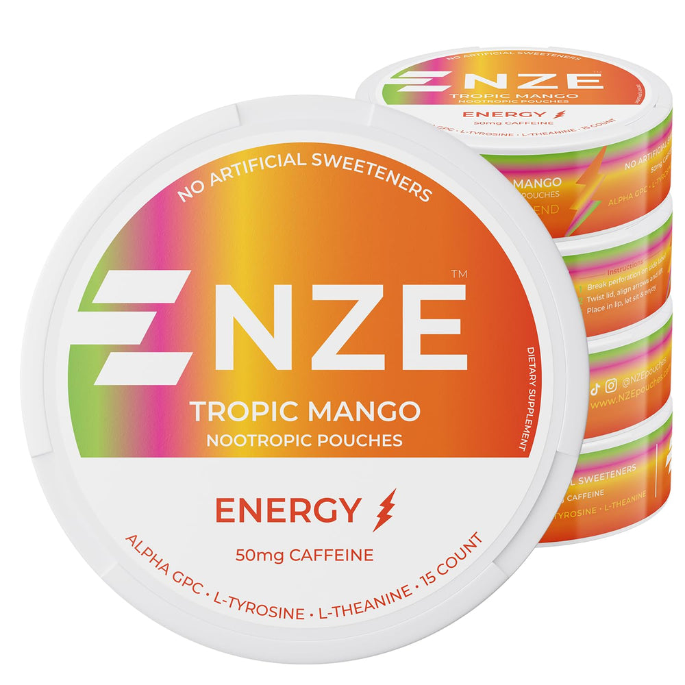 NZE Caffeine Nootropic Pouches Tropic Mango can for on-the-go energy, sugar-free