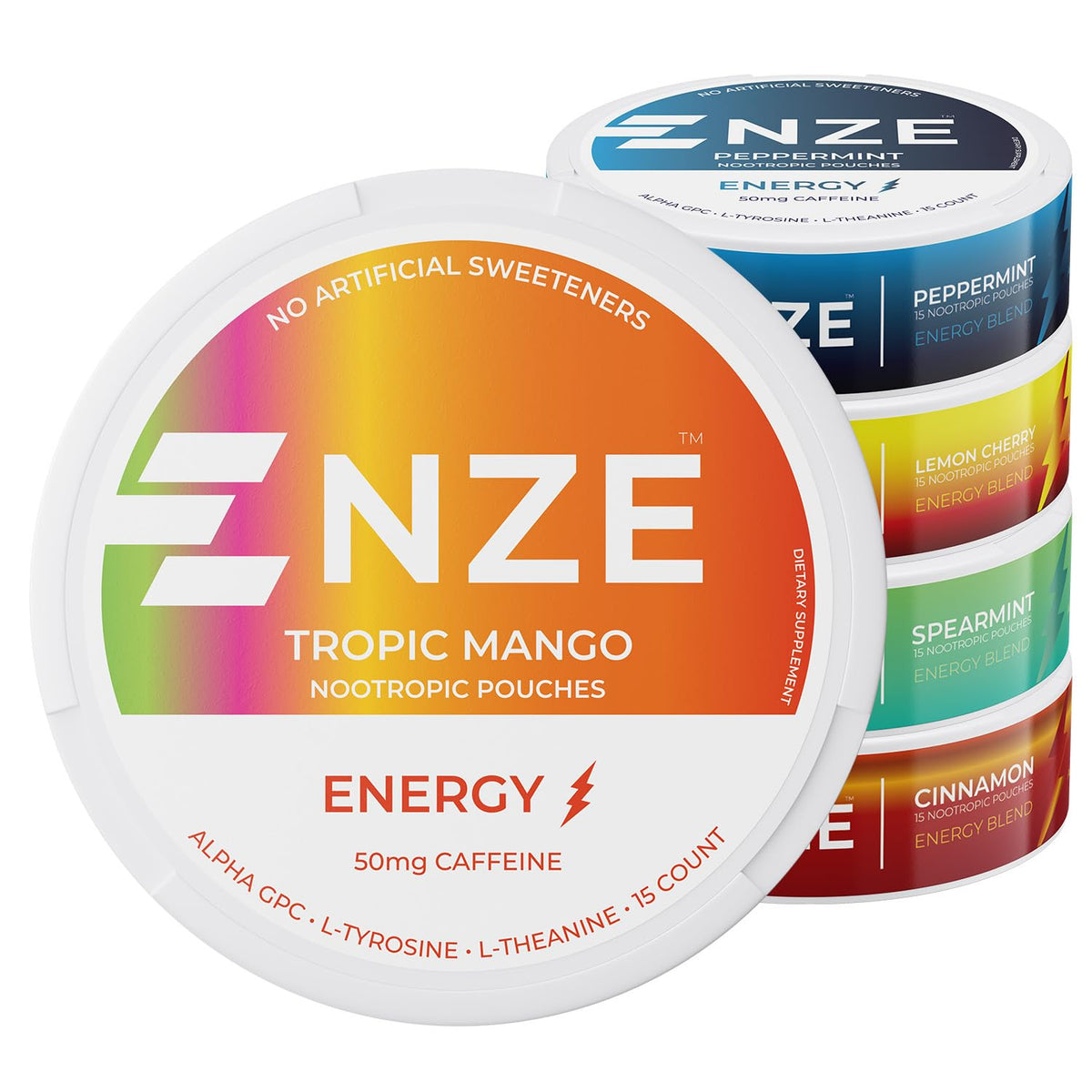 NZE Caffeine Nootropic Pouches variety pack front can boosts on-the-go energy