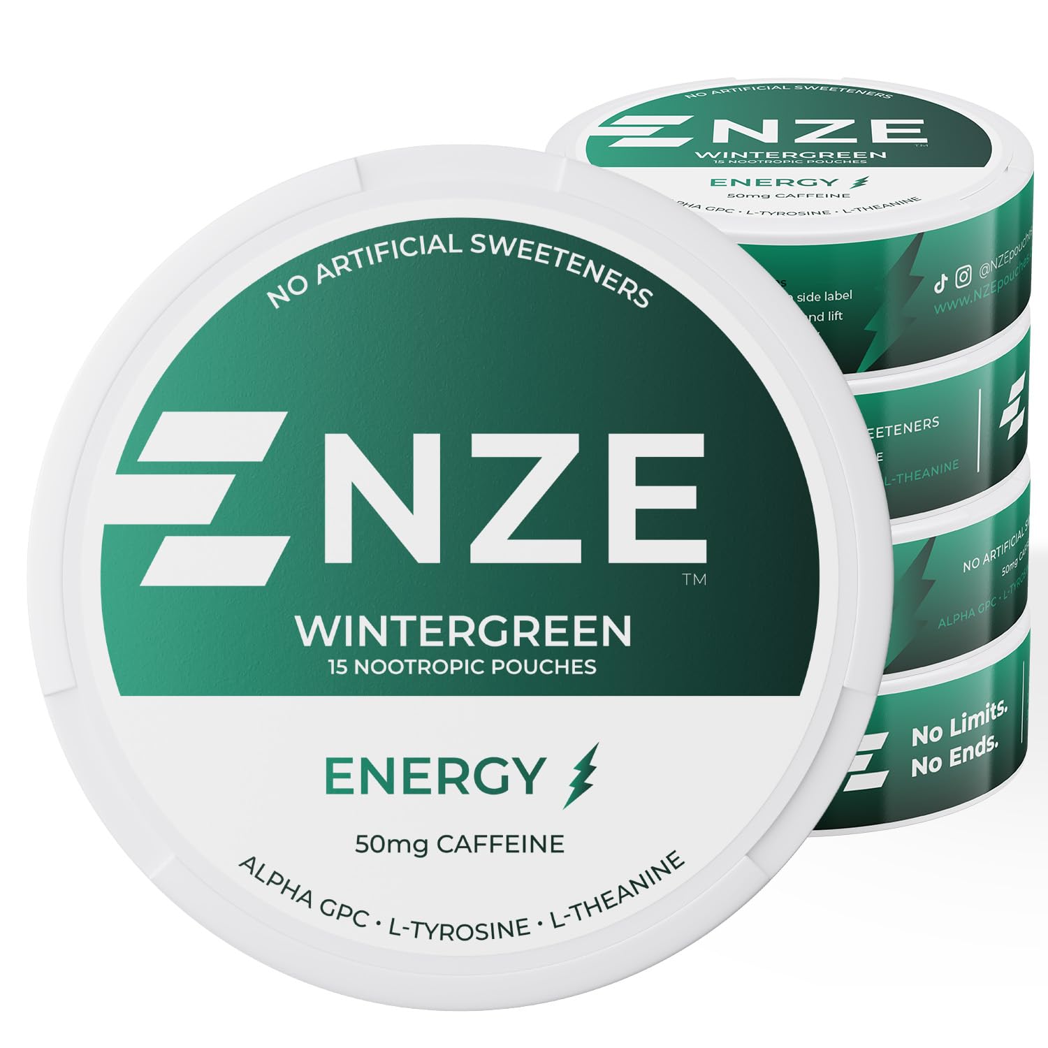 NZE Caffeine Nootropic Pouches Wintergreen can for quick clean energy