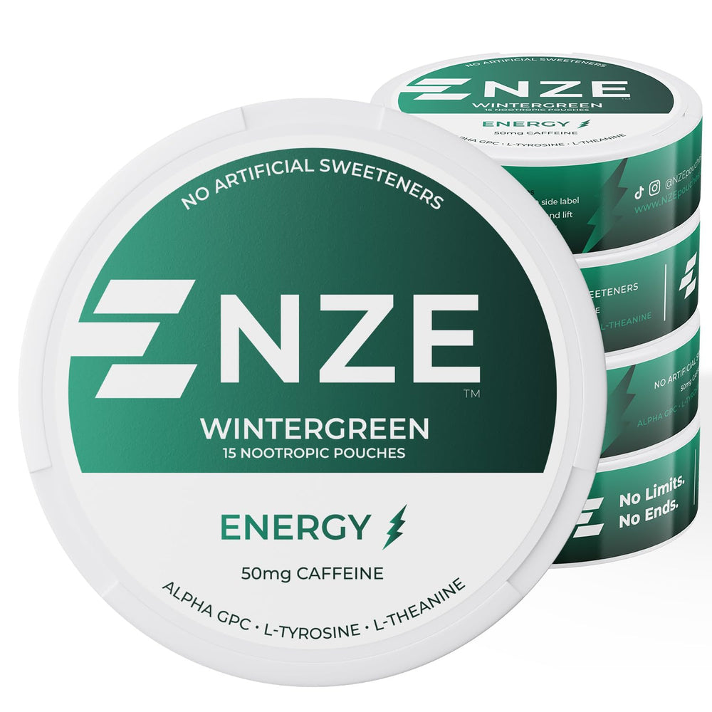 NZE Caffeine Nootropic Pouches Wintergreen can for quick clean energy
