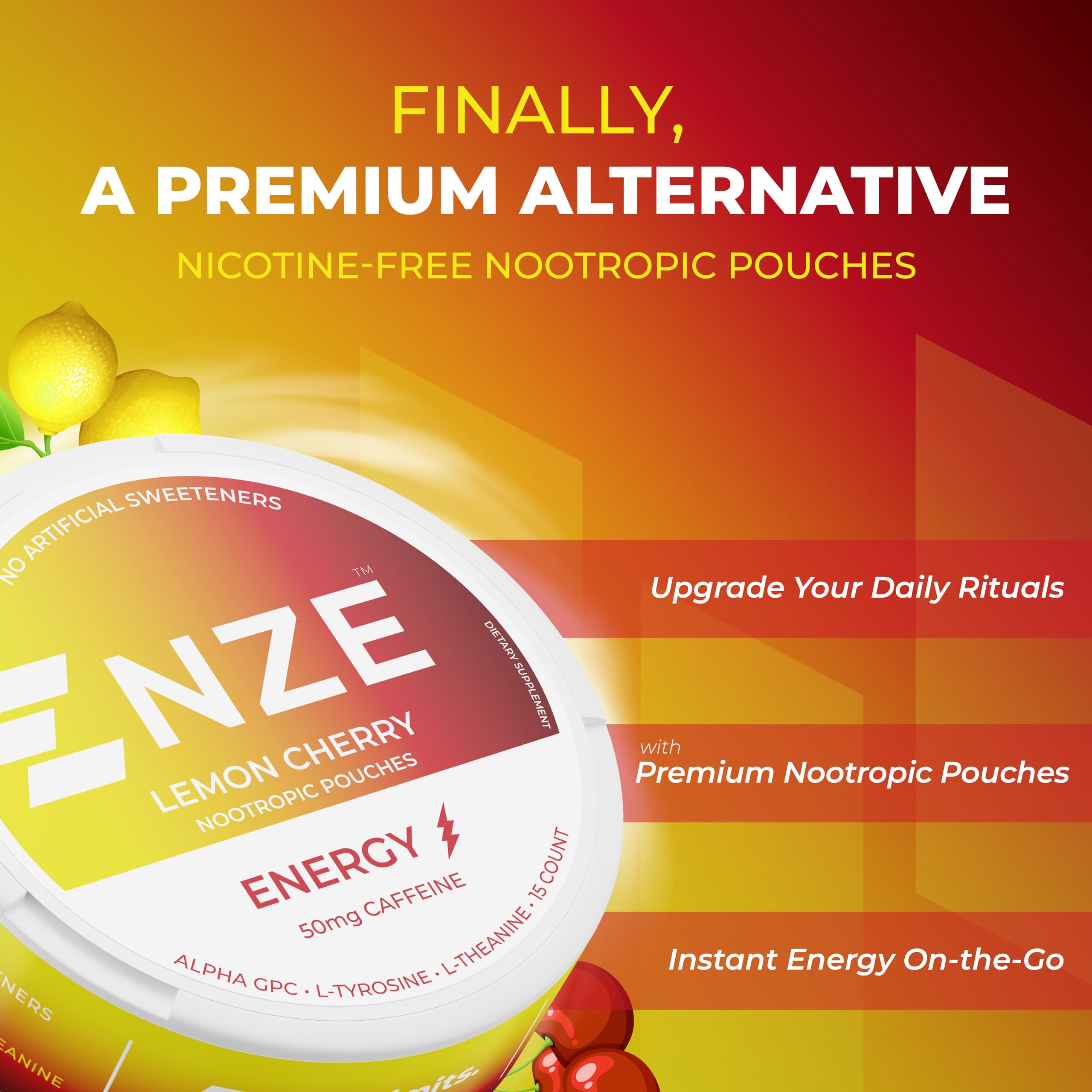NZE Caffeine Nootropic Pouches Lemon Cherry can back with branding and ingredients