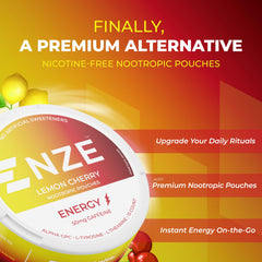 NZE Caffeine Nootropic Pouches Lemon Cherry can back with branding and ingredients