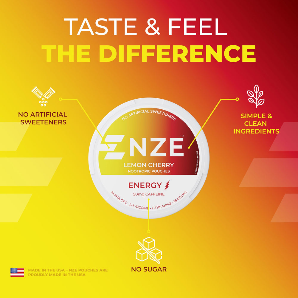 Label close-up on NZE Caffeine Pouch Lemon Cherry highlighting ingredients