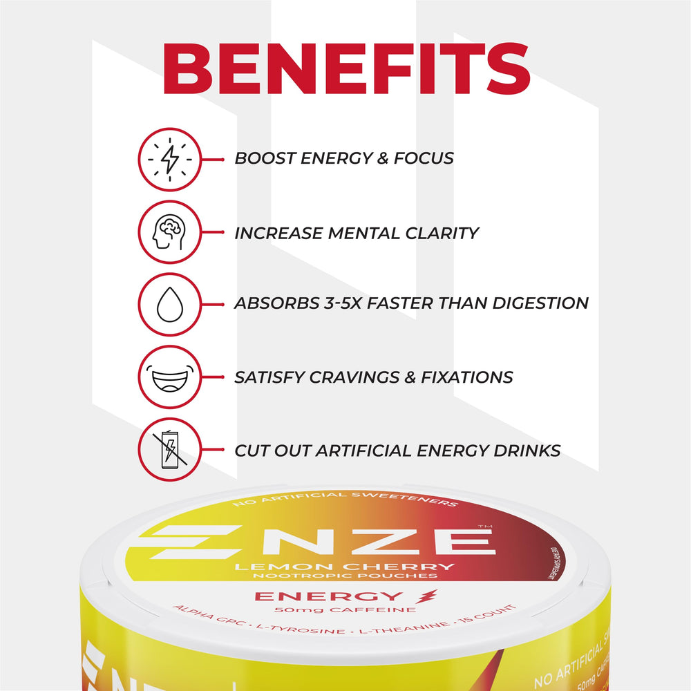 Close-up of NZE Caffeine Pouch Lemon Cherry pouch exterior