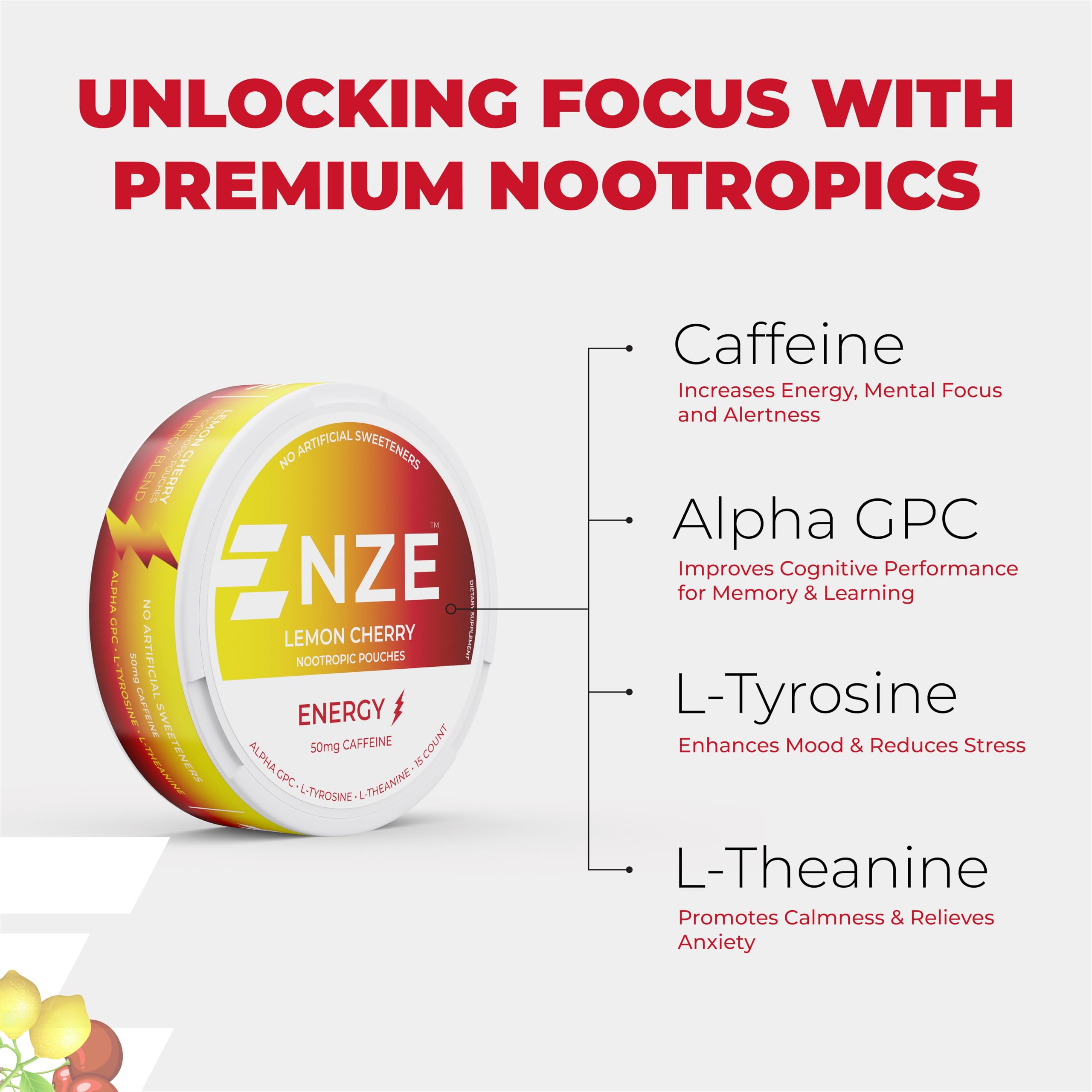Opened NZE Caffeine Pouch Lemon Cherry showing texture inside the pouch