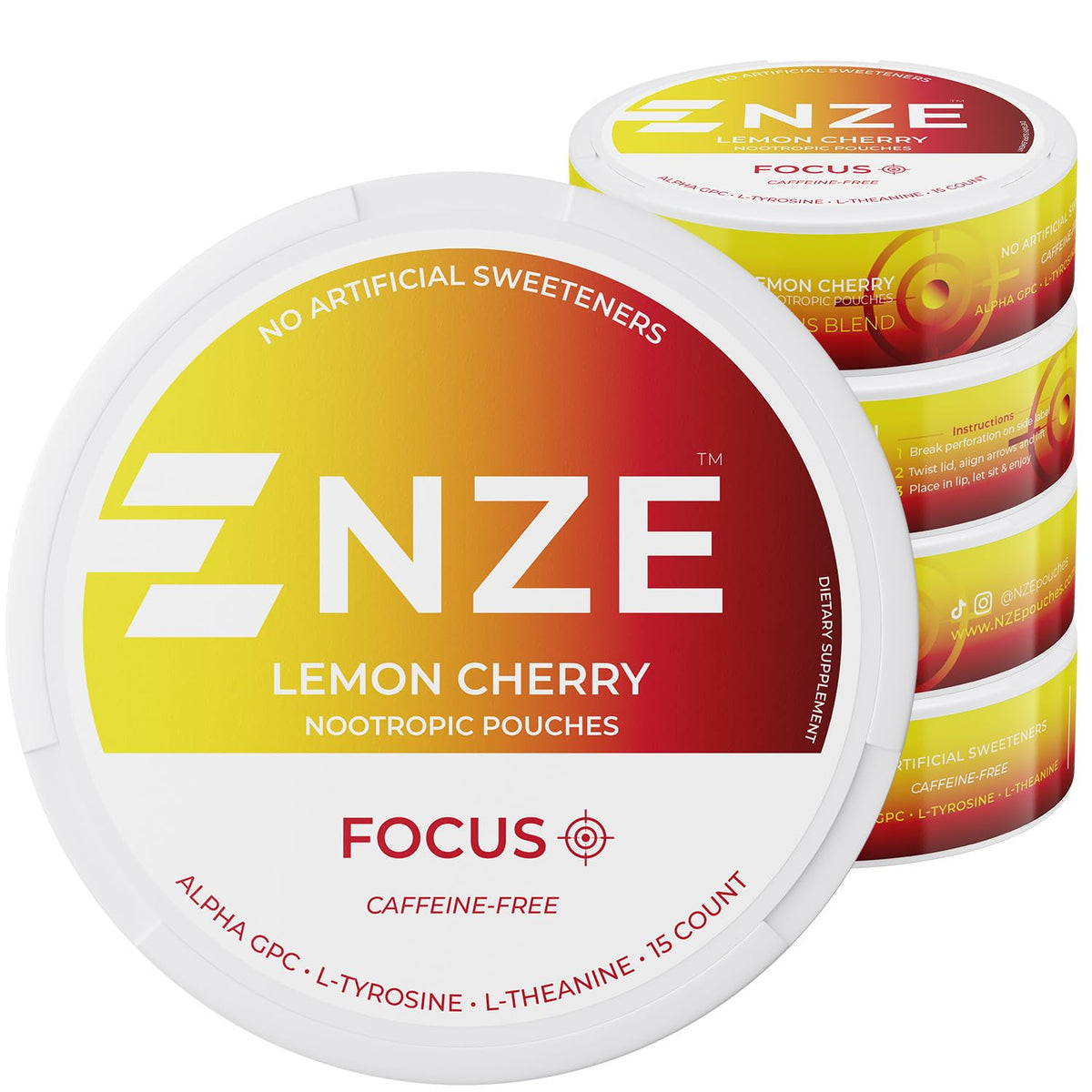 NZE lemon-cherry pouch can delivering caffeine-free focus for busy days.