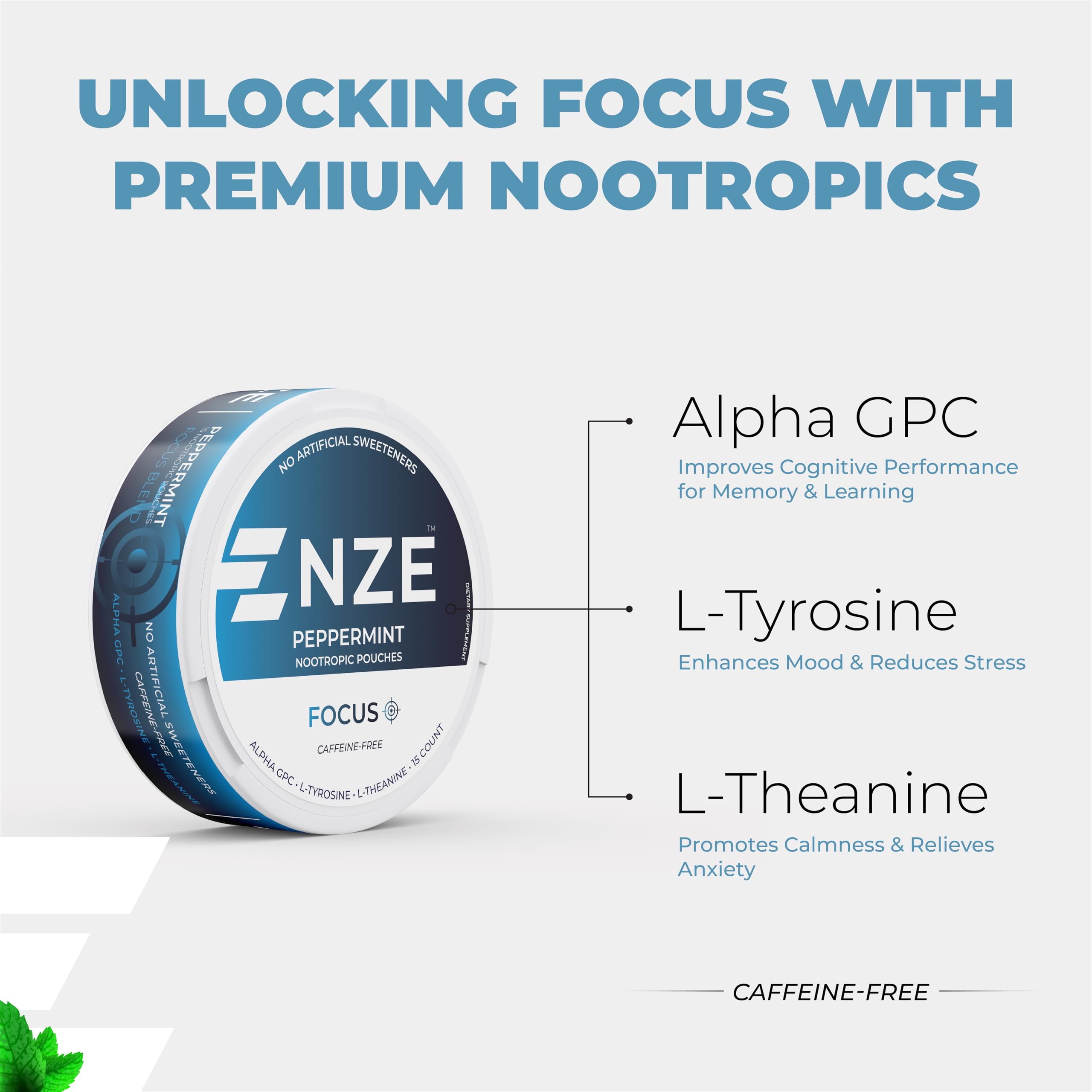 NZE Peppermint nootropic pouches dissolving in mouth for fast absorption.