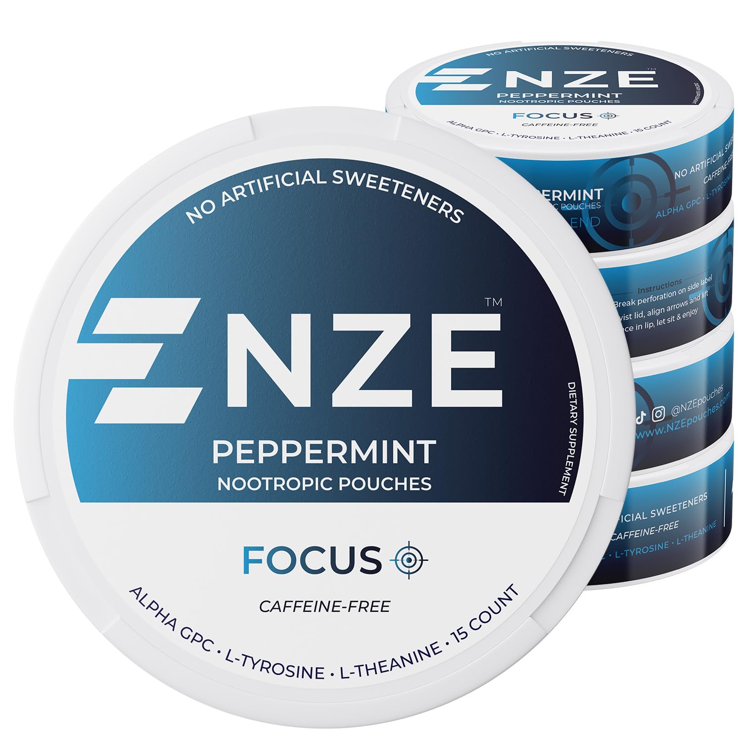 NZE Peppermint nootropic pouches front view for quick focus on the go.