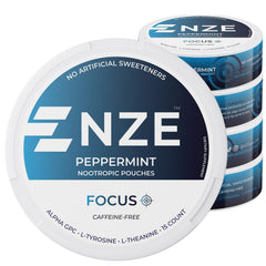 NZE Peppermint nootropic pouches front view for quick focus on the go.