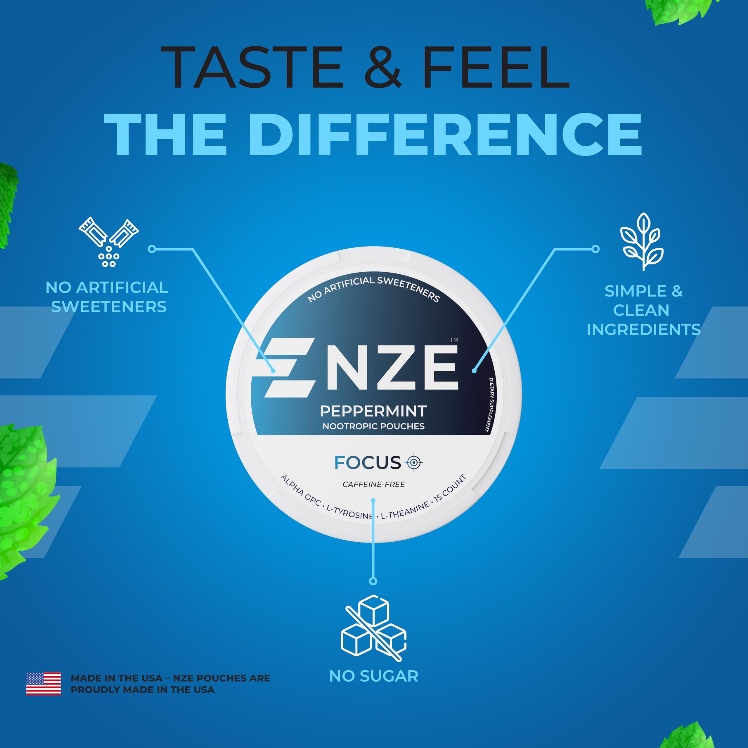 NZE Peppermint nootropic pouches sleek can design on shelf.