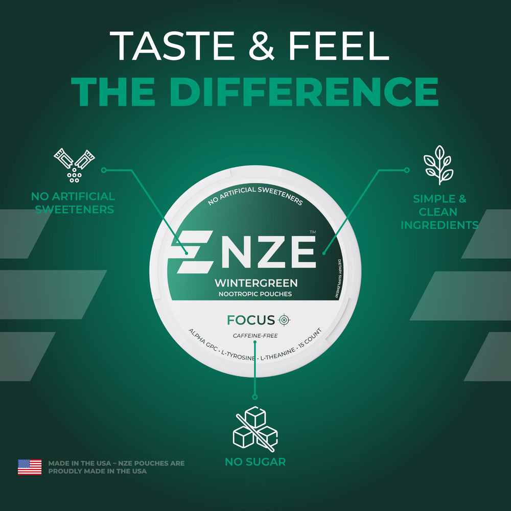 NZE pouch close-up shows L-Theanine and Alpha GPC ingredients.