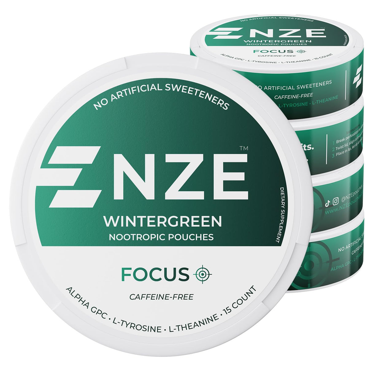 NZE Wintergreen pouch front showing caffeine-free focus option.