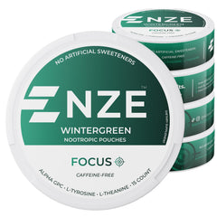 NZE Wintergreen pouch front showing caffeine-free focus option.