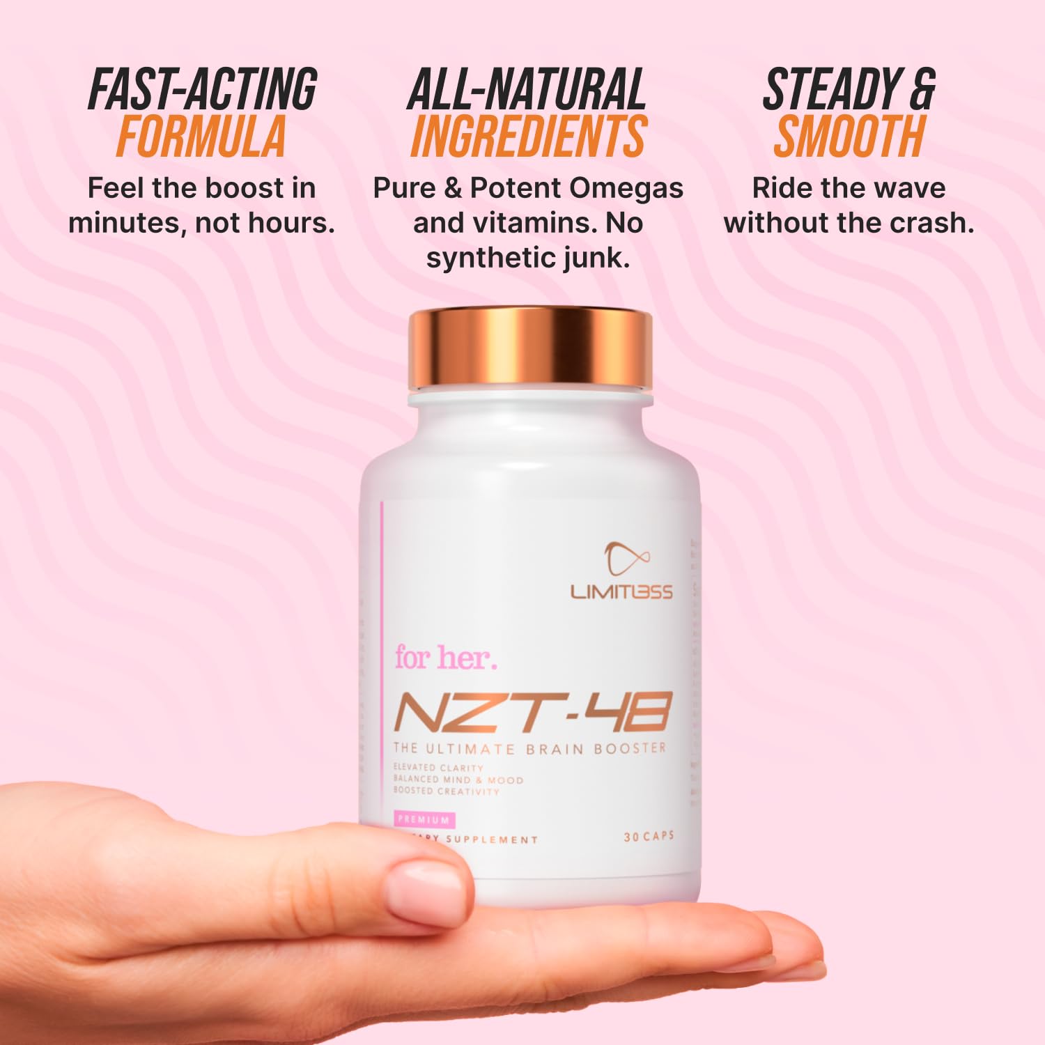 Caffeine cue on bottle hints a gentle energy lift for focus.