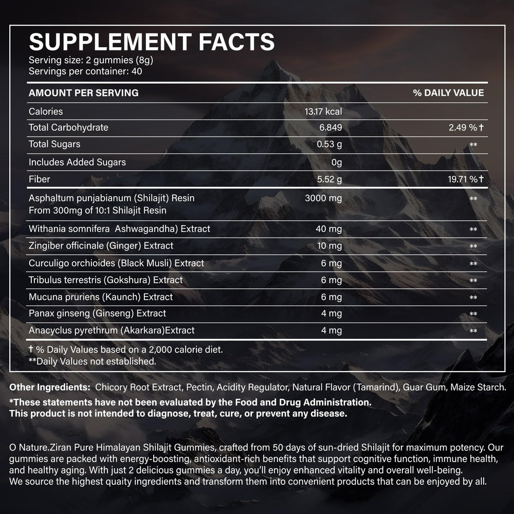 O NATURE . ZIRAN Shilajit Gummies bottle close-up with premium ingredients.