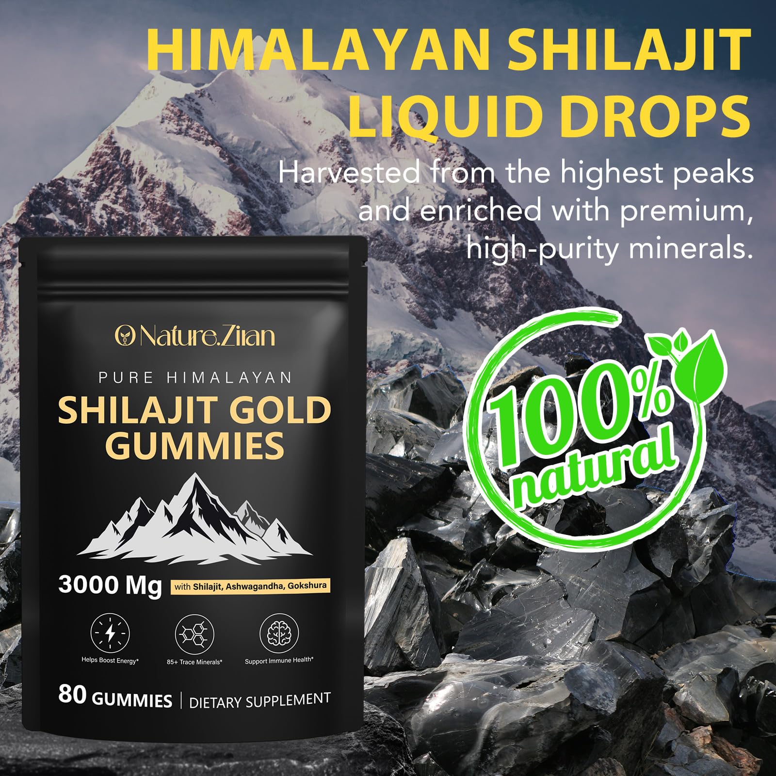 O NATURE . ZIRAN Shilajit Gummies nutrition facts area highlighted.