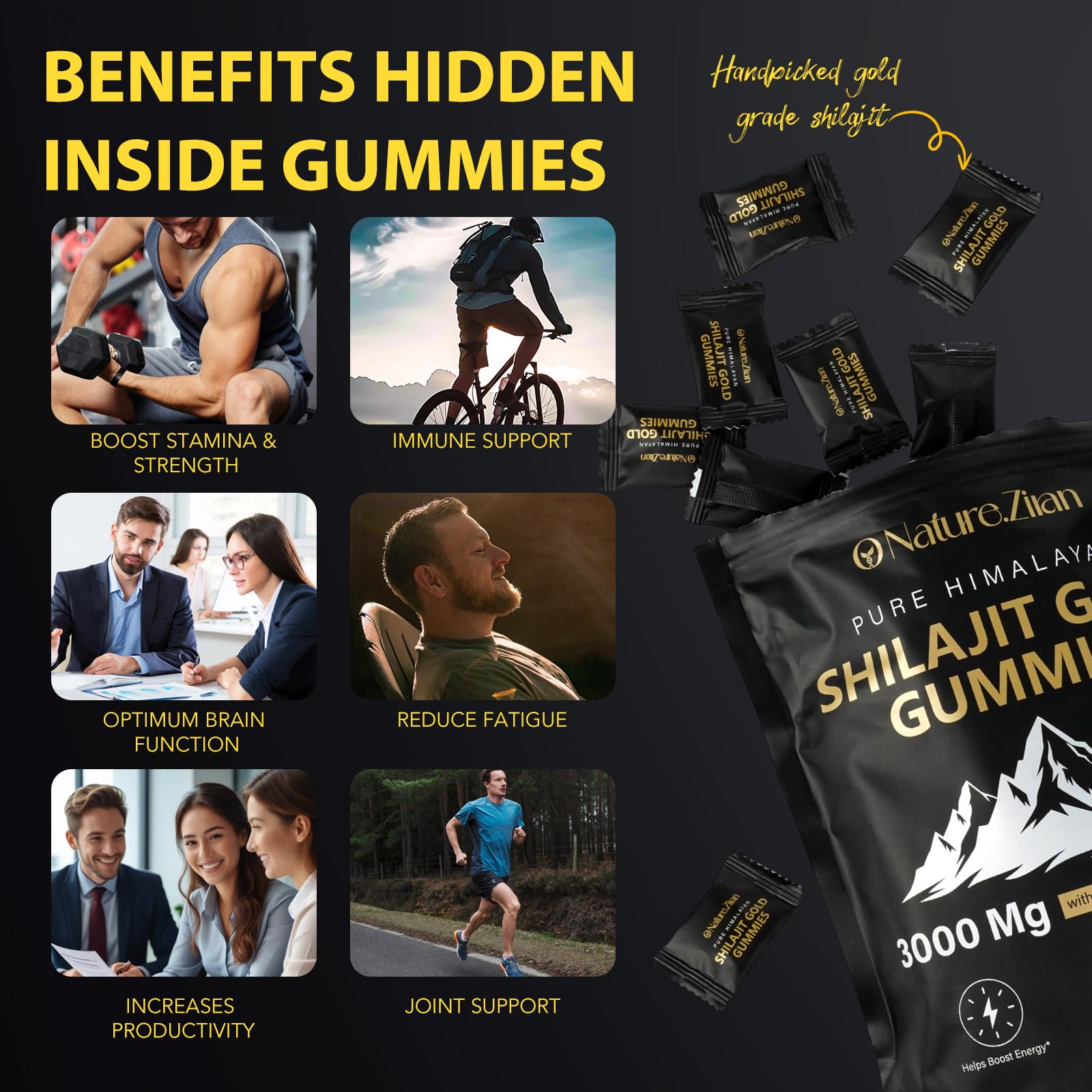 O NATURE . ZIRAN Shilajit Gummies on-the-go usage beside a busy desk.