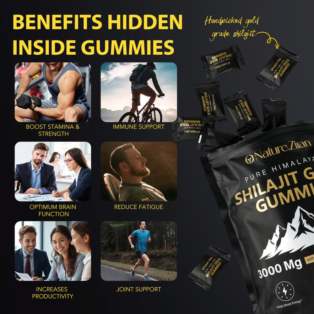 O NATURE . ZIRAN Shilajit Gummies on-the-go usage beside a busy desk.