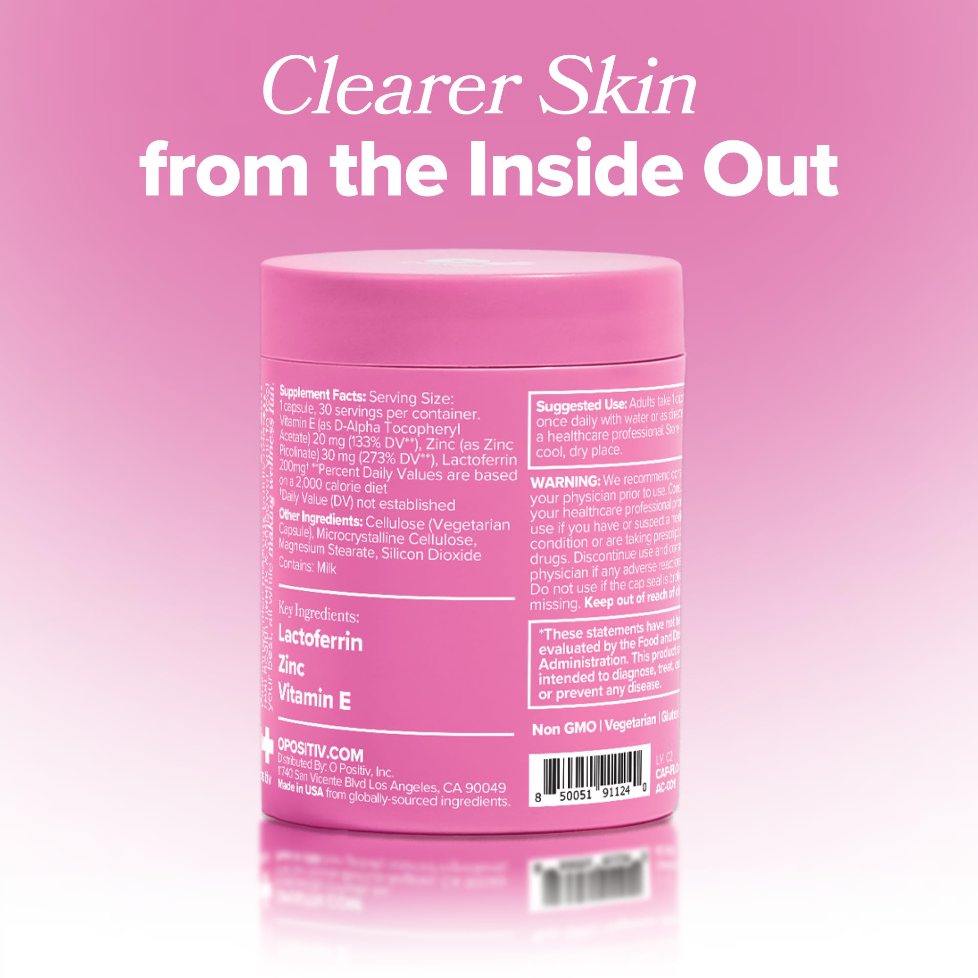 O Positiv FLO Acne back of pack nutrition line lists ingredients and serving.