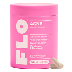 O Positiv FLO Acne bottle closeup shows premium ingredients for skin support.