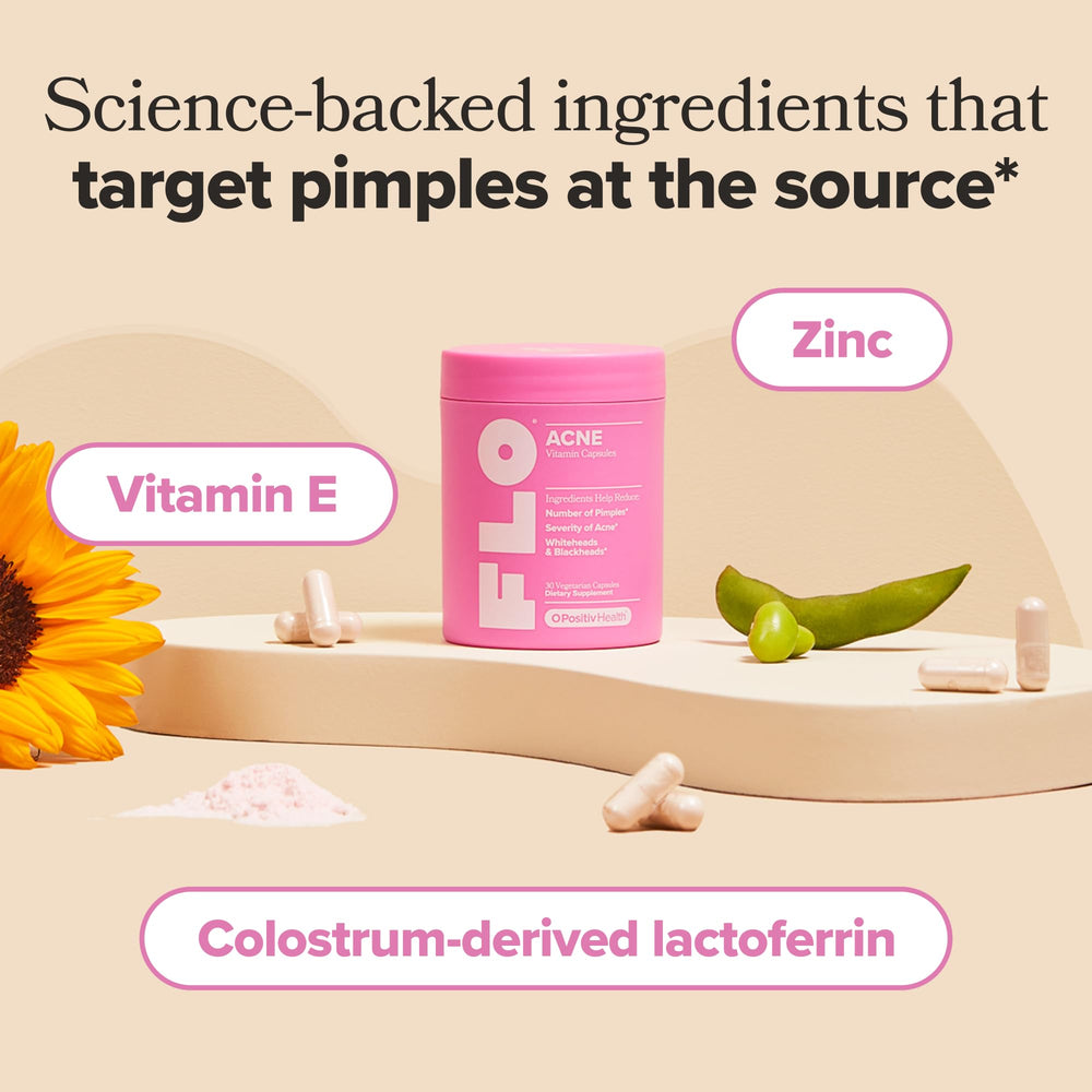 O Positiv FLO Acne capsule pour conveys simple daily intake with water.