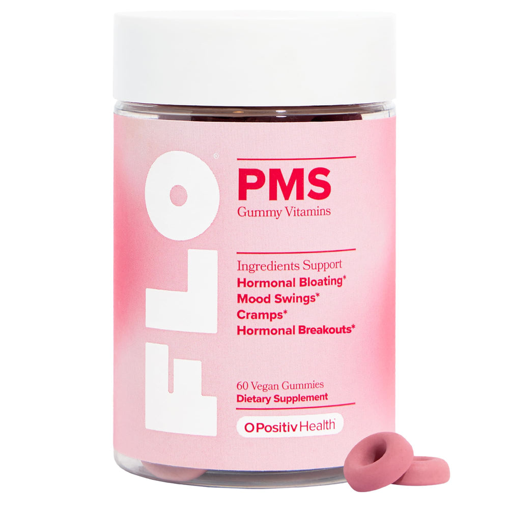 O Positiv FLO PMS gummies bottle shows a convenient daily relief option for hormonal symptoms.