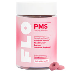 O Positiv FLO PMS gummies bottle shows a convenient daily relief option for hormonal symptoms.