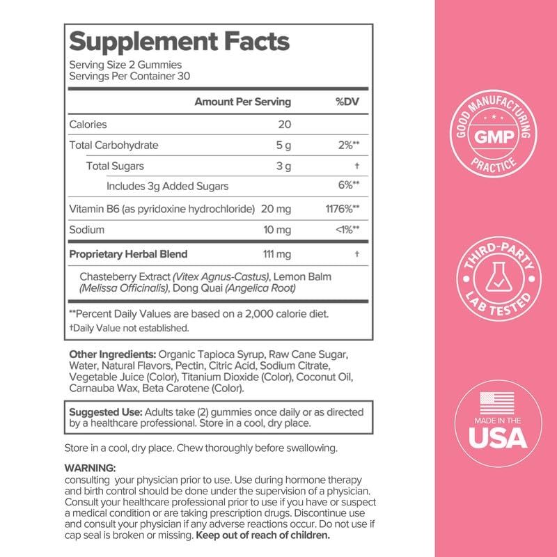 O Positiv FLO PMS gummies ingredients chart highlights chasteberry, lemon balm, and B6 synergy.