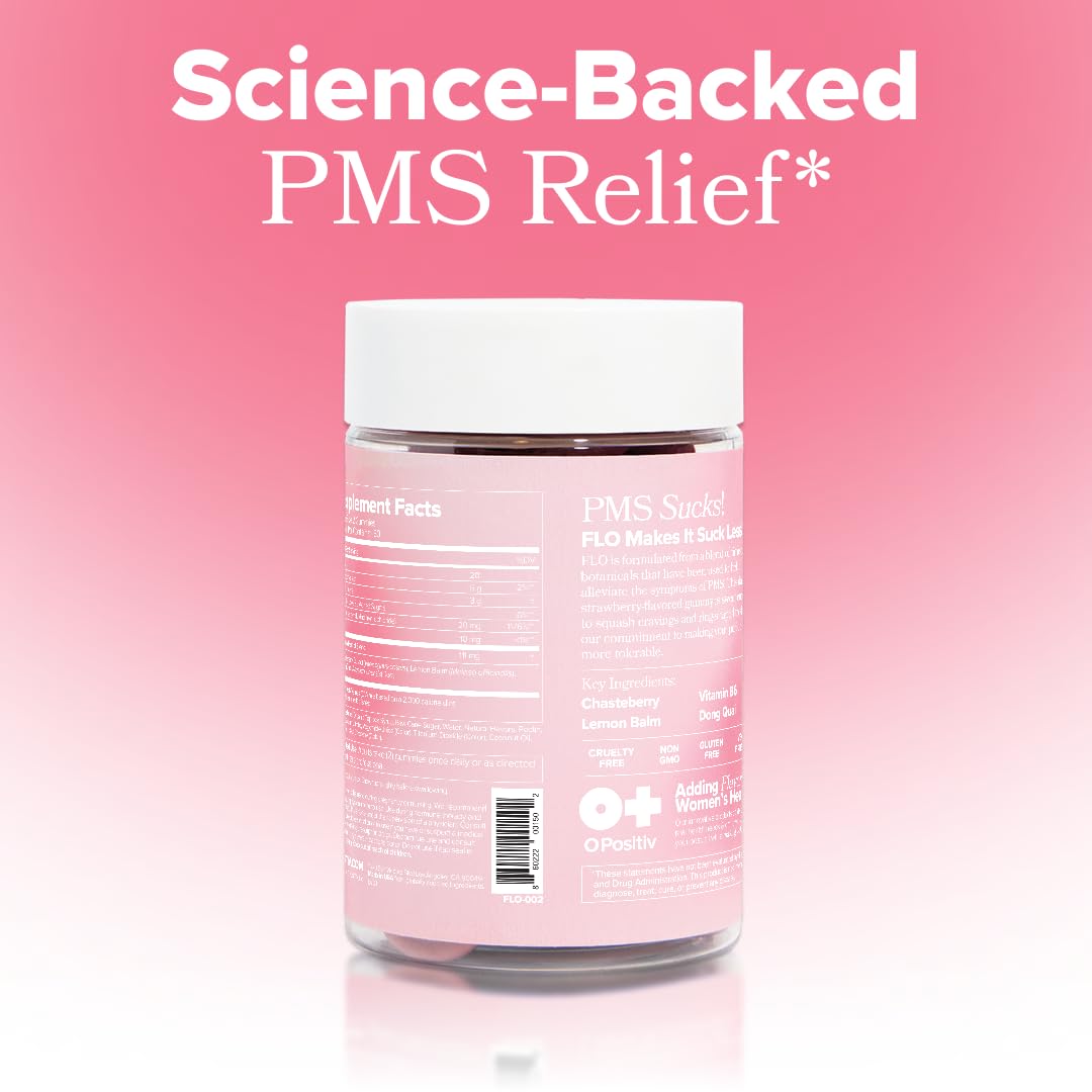 O Positiv FLO PMS gummies week-result concept hints potential symptom improvement.