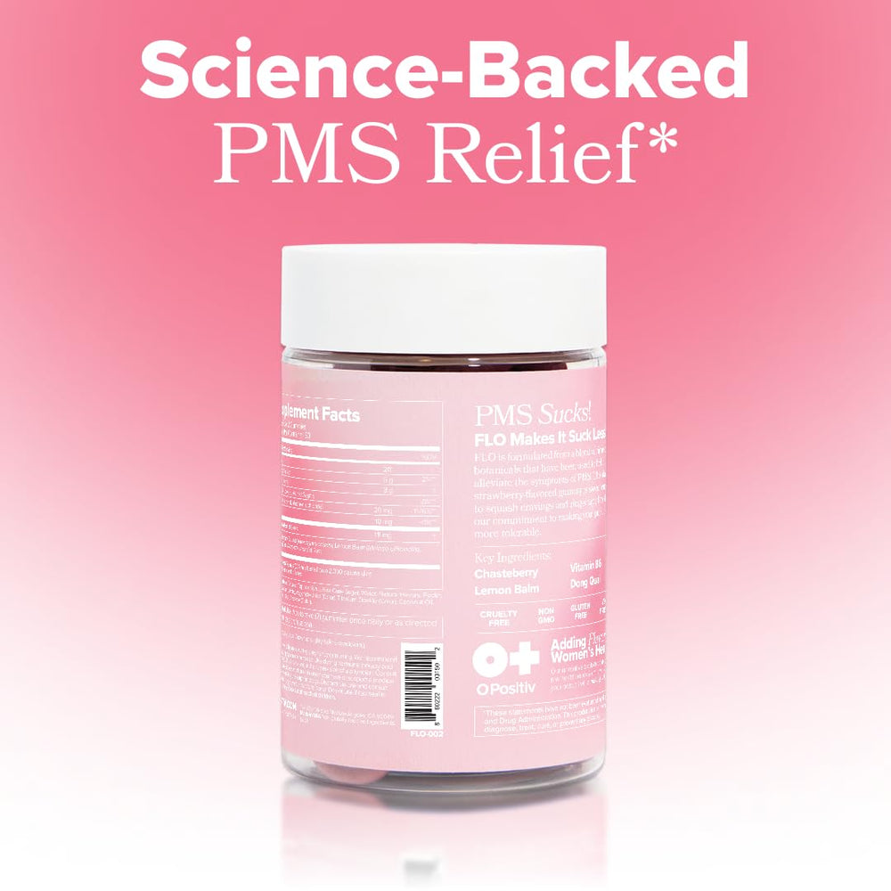 O Positiv FLO PMS gummies week-result concept hints potential symptom improvement.
