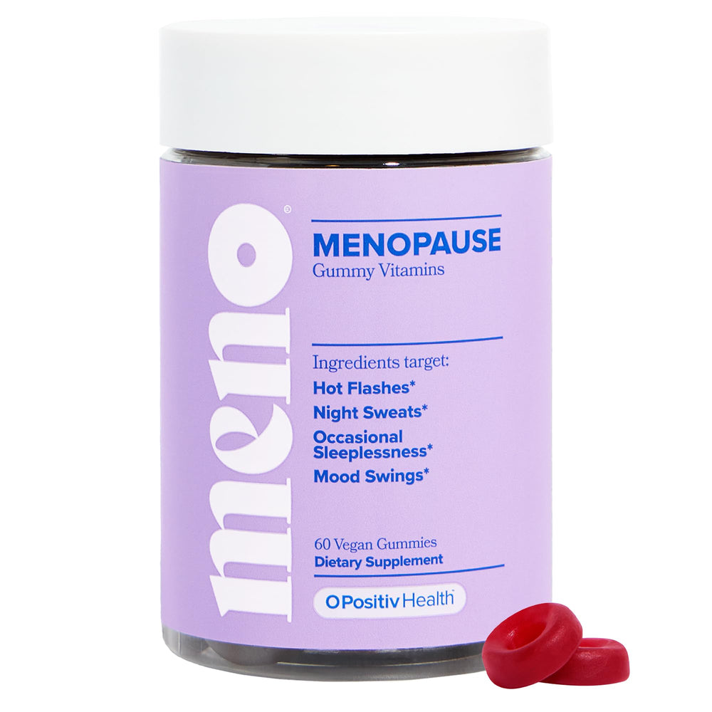 O Positiv MENO bottle closeup, easy menopause gummies.