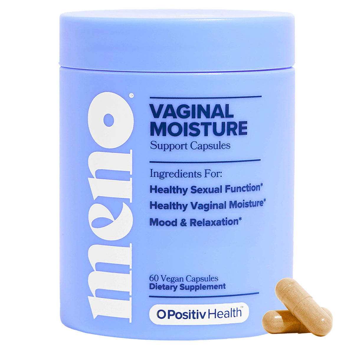 O Positiv MENO bottle front view showing premium packaging for vaginal moisture support.