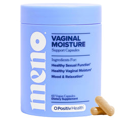 O Positiv MENO bottle front view showing premium packaging for vaginal moisture support.