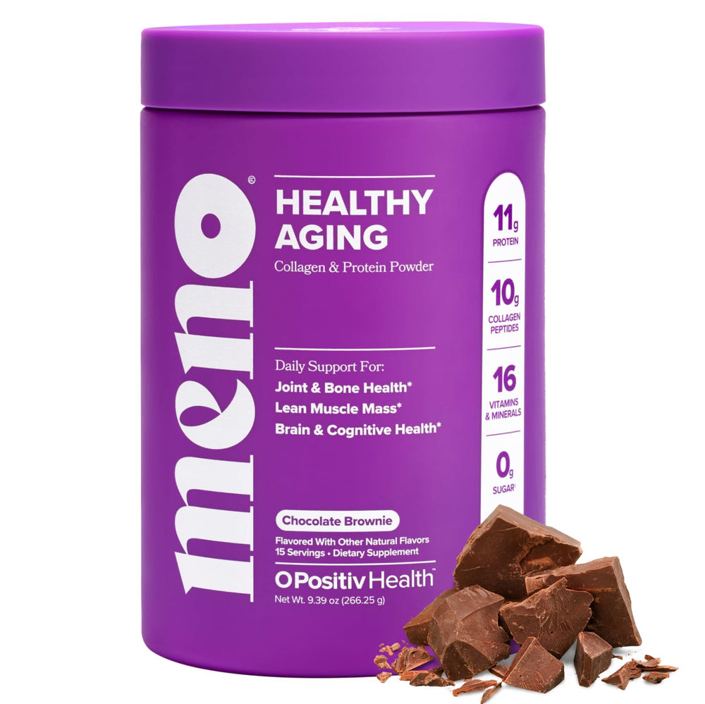 O Positiv MENO bottle pour showing chocolate brownie powder ready to mix for daily joint support