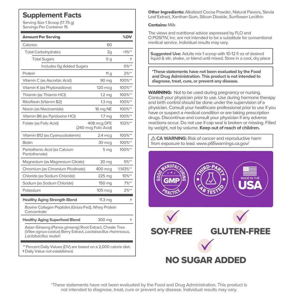 O Positiv MENO ingredients list featuring whey protein and collagen types I and III