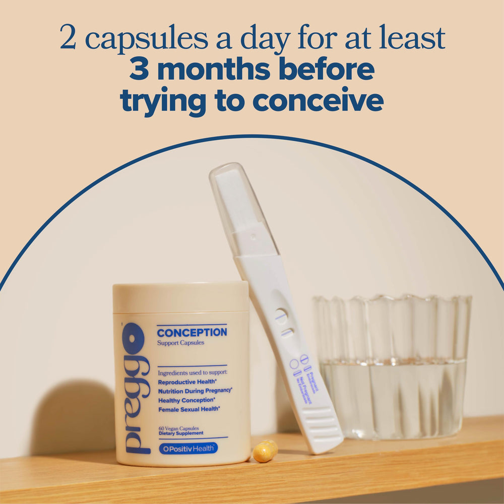 O Positiv Prego Conception tablet pack illustrating two-capsule daily plan.