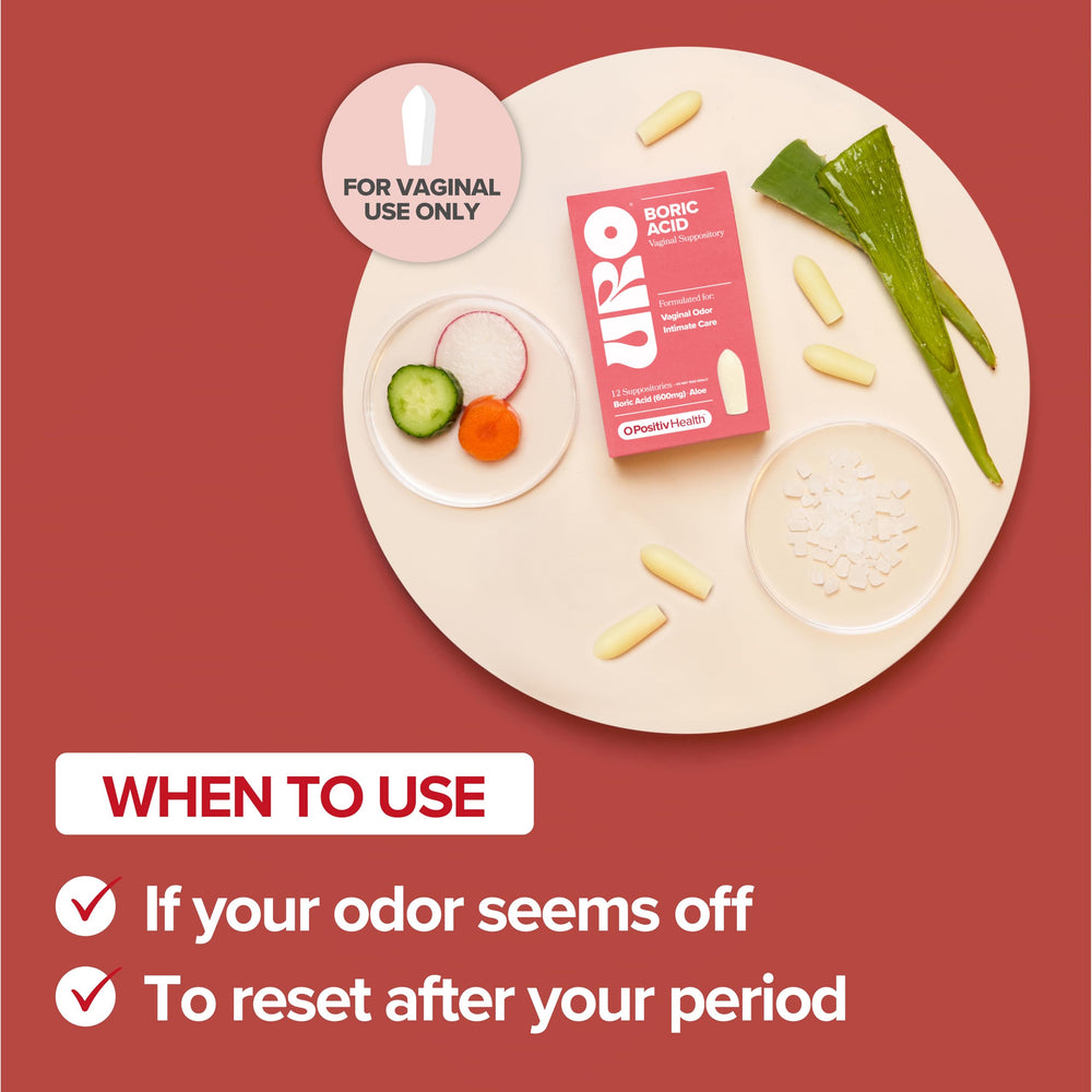 O Positiv URO ingredients include boric acid, lactic acid, and aloe for soothing support.