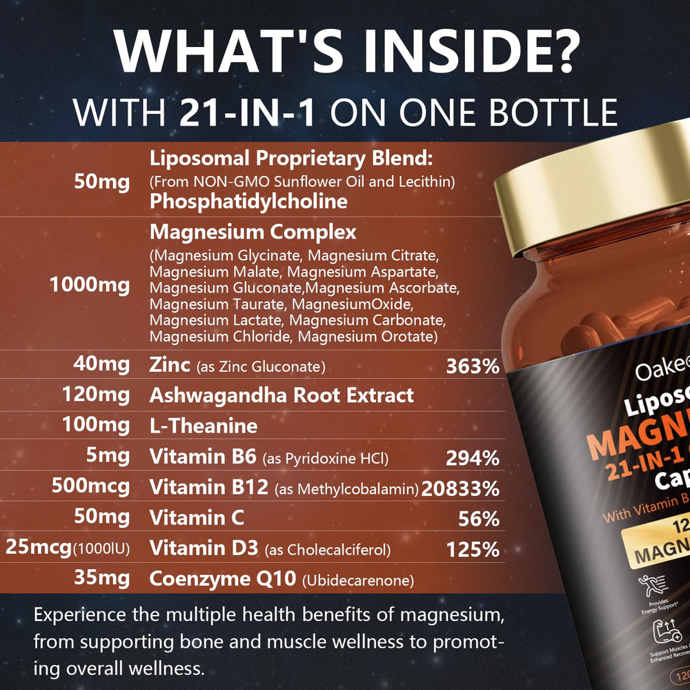 Oakevlp 21-in-1 formula infographic highlighting 12 magnesium forms