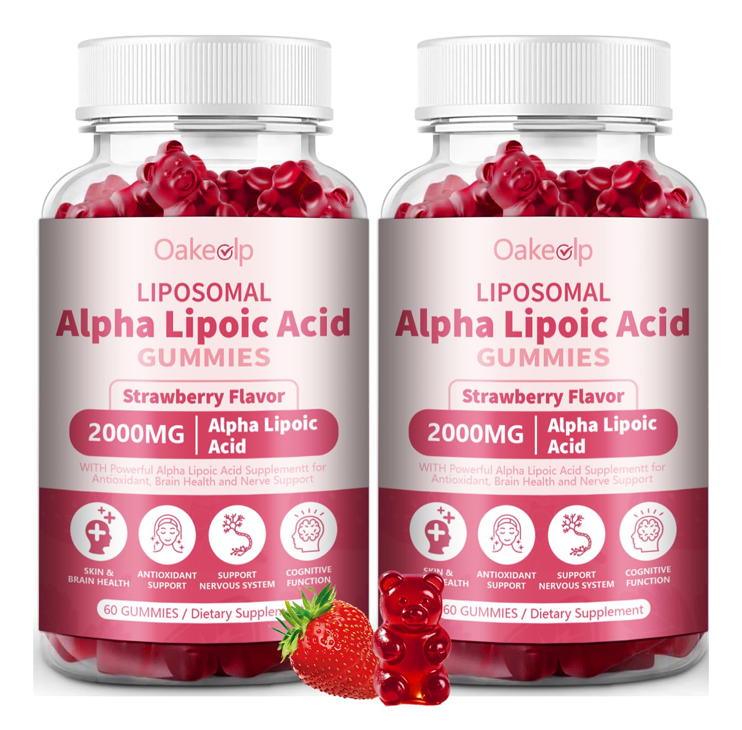 Oakevlp liposomal ALA gummies bottle and packaging showing antioxidant support
