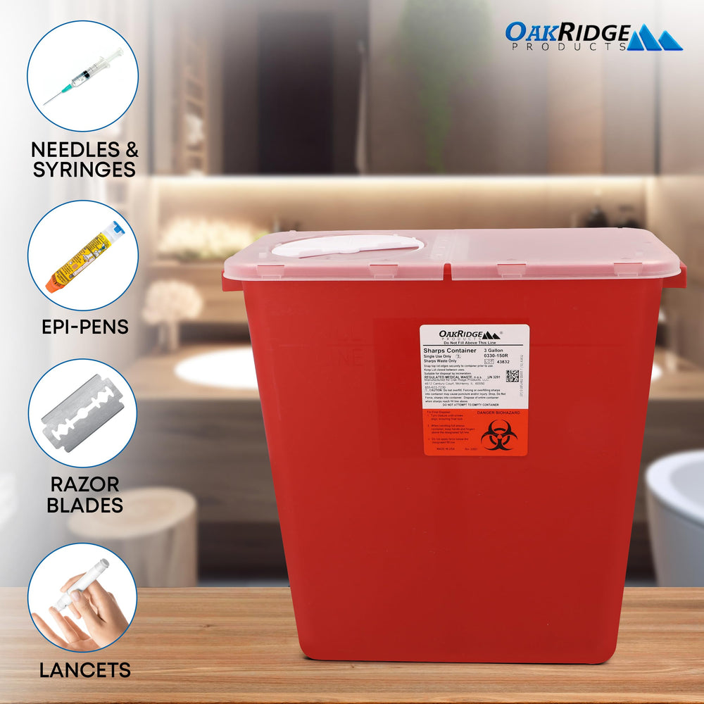 Oakridge 3-gallon sharps container measures 13.5 H x 11.5 W x 4 D.