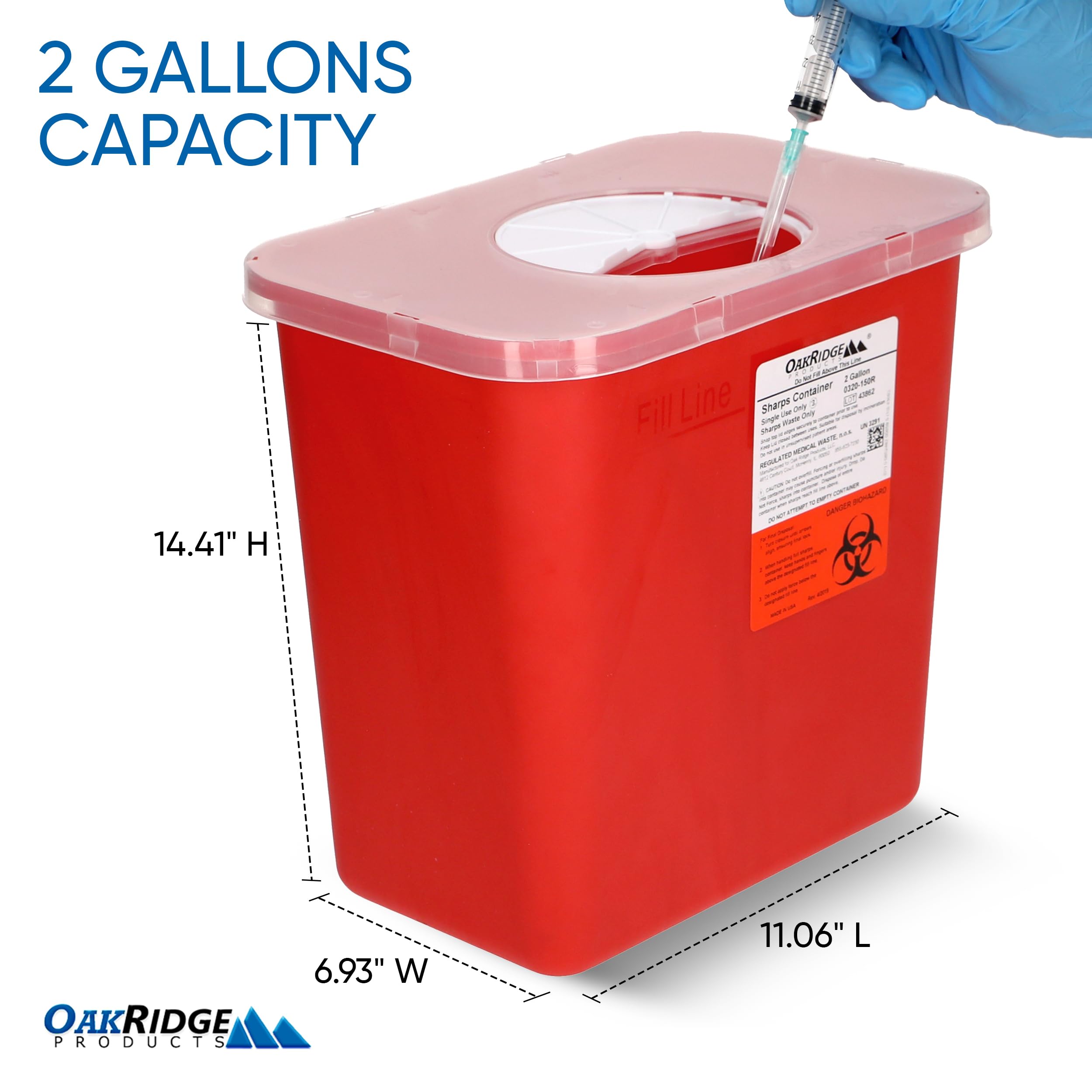 Oakridge Large Sharps Container with clear lid view for monitoring fill level.