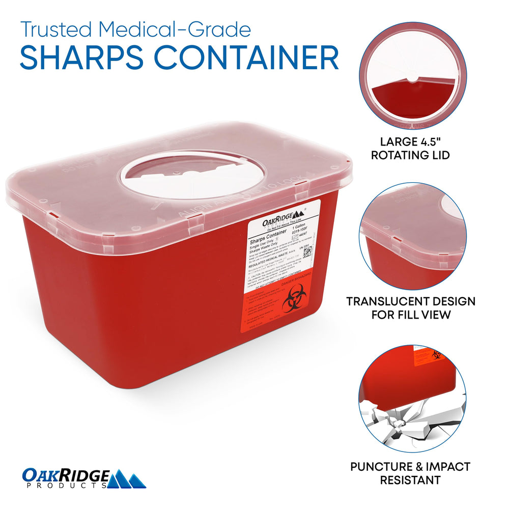 Oakridge Large Sharps Container full-click-lock illustrating permanent sealing.