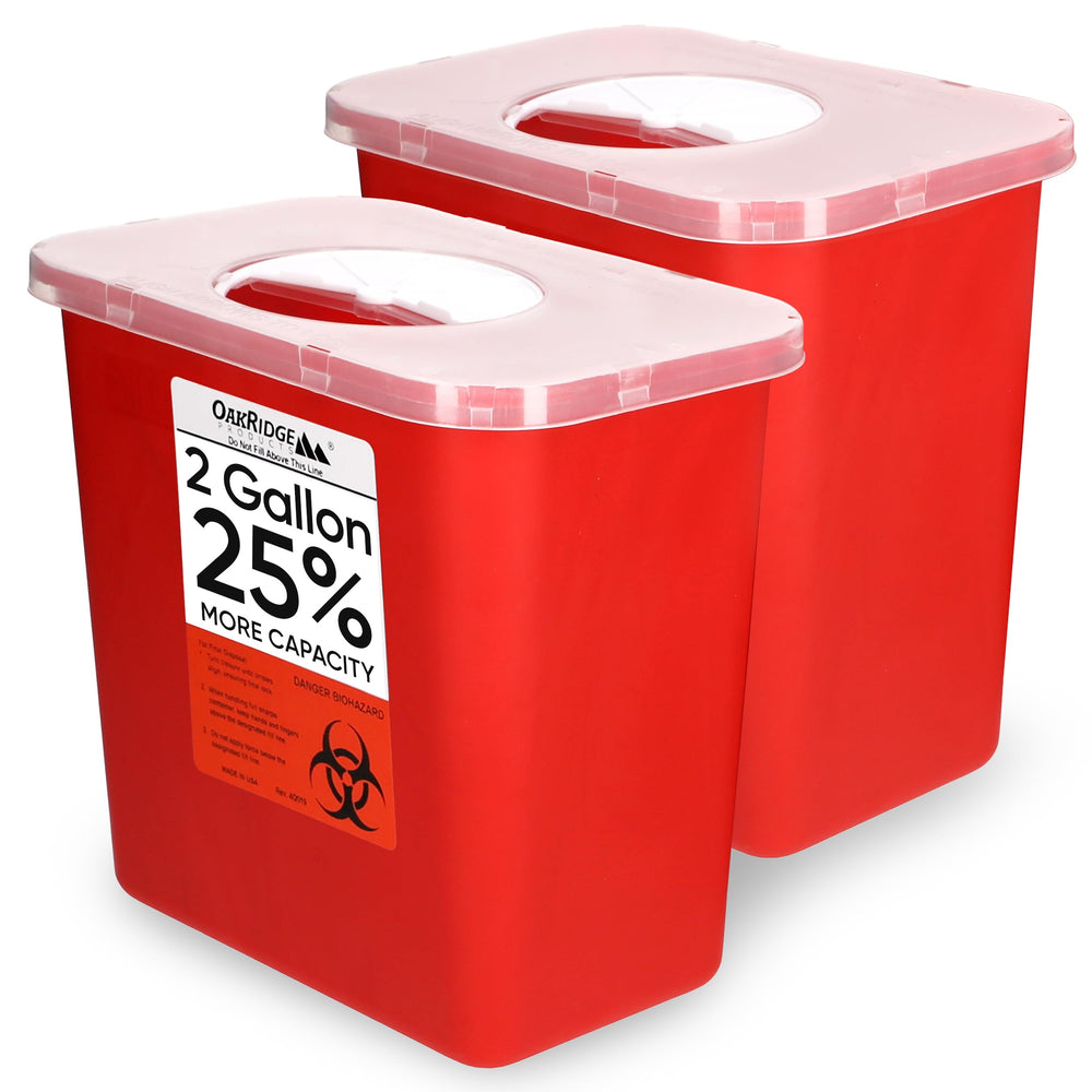 Oakridge Large Sharps Container with rotating lid; easy one-handed disposal.