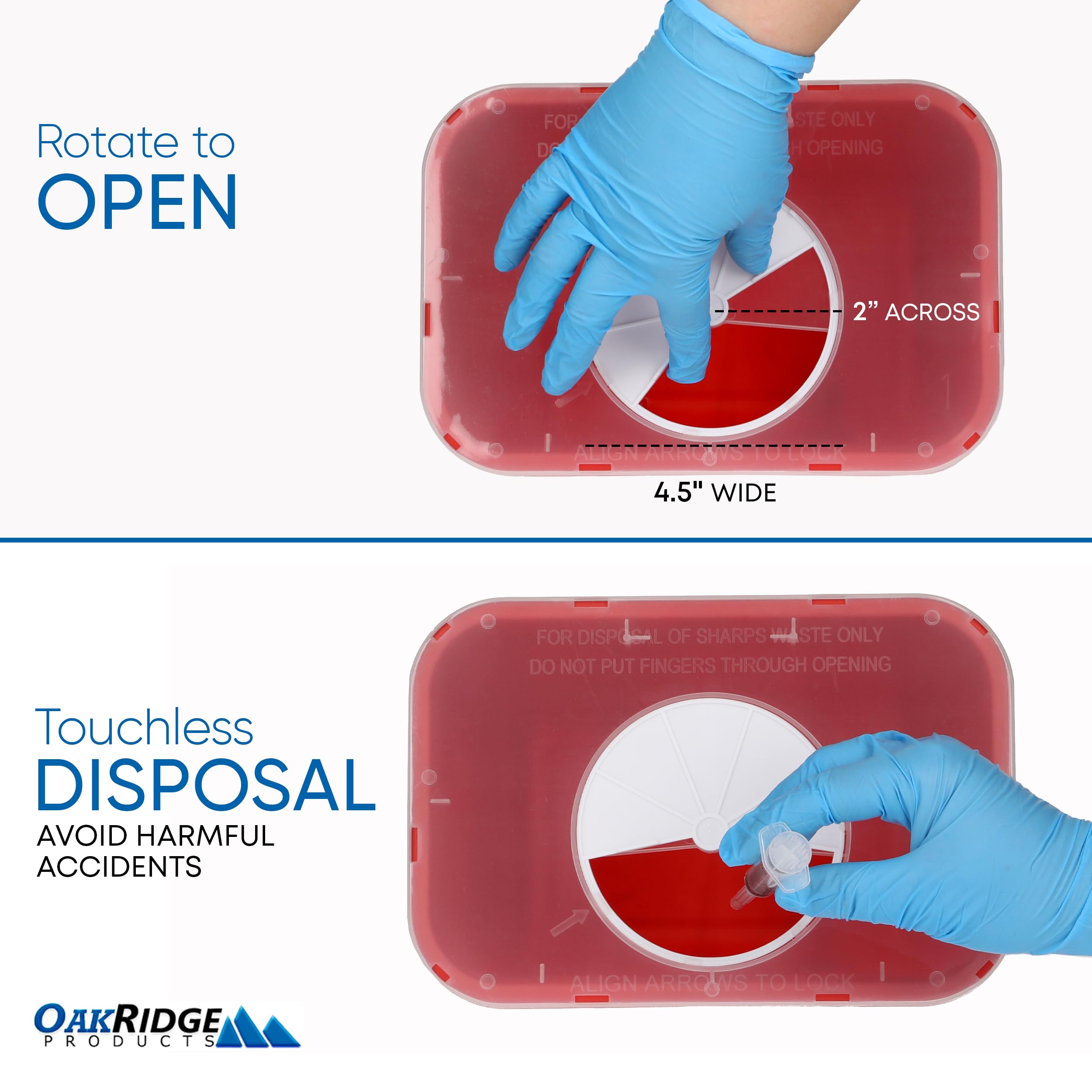 Oakridge Sharps Container for safe disposal of needles and syringes.