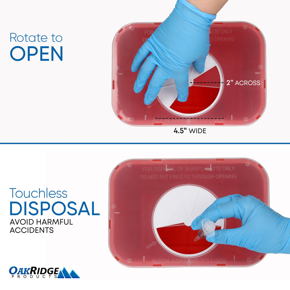 Oakridge Sharps Container for safe disposal of needles and syringes.