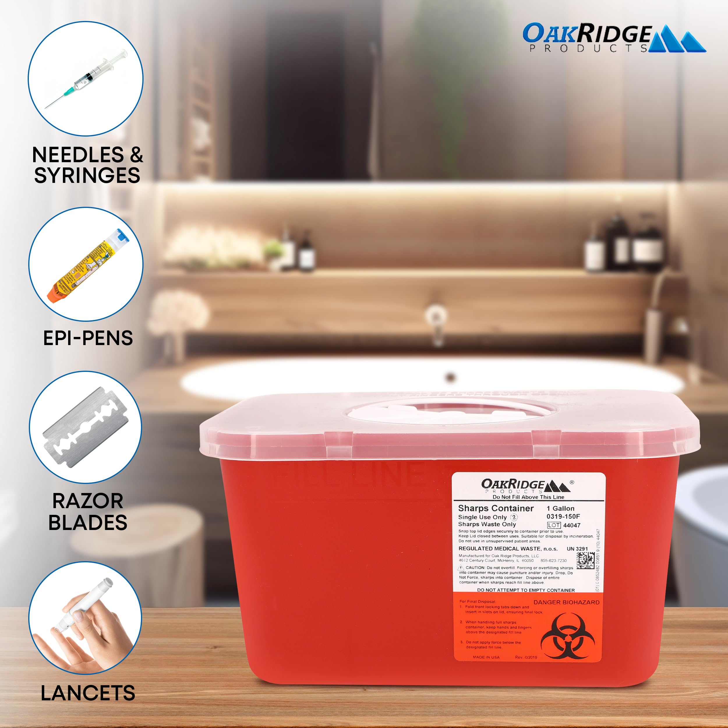 Oakridge Large Sharps Container USA-made CDC-approved safety features.
