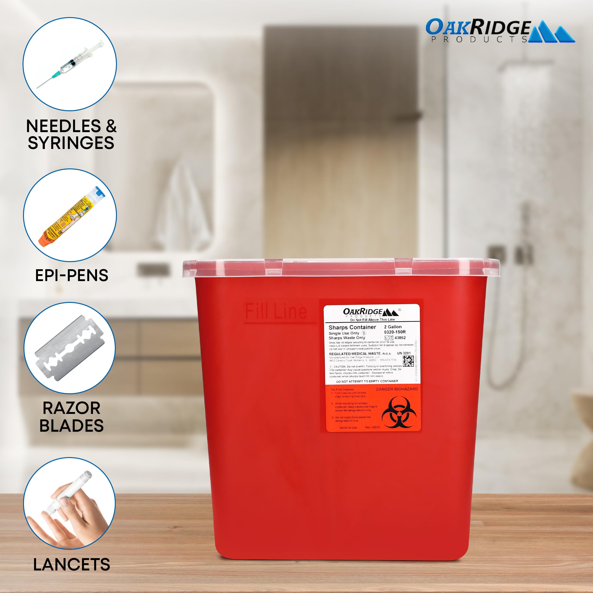 Oakridge Made in USA Sharps Container; OSHA-approved quality for professionals.