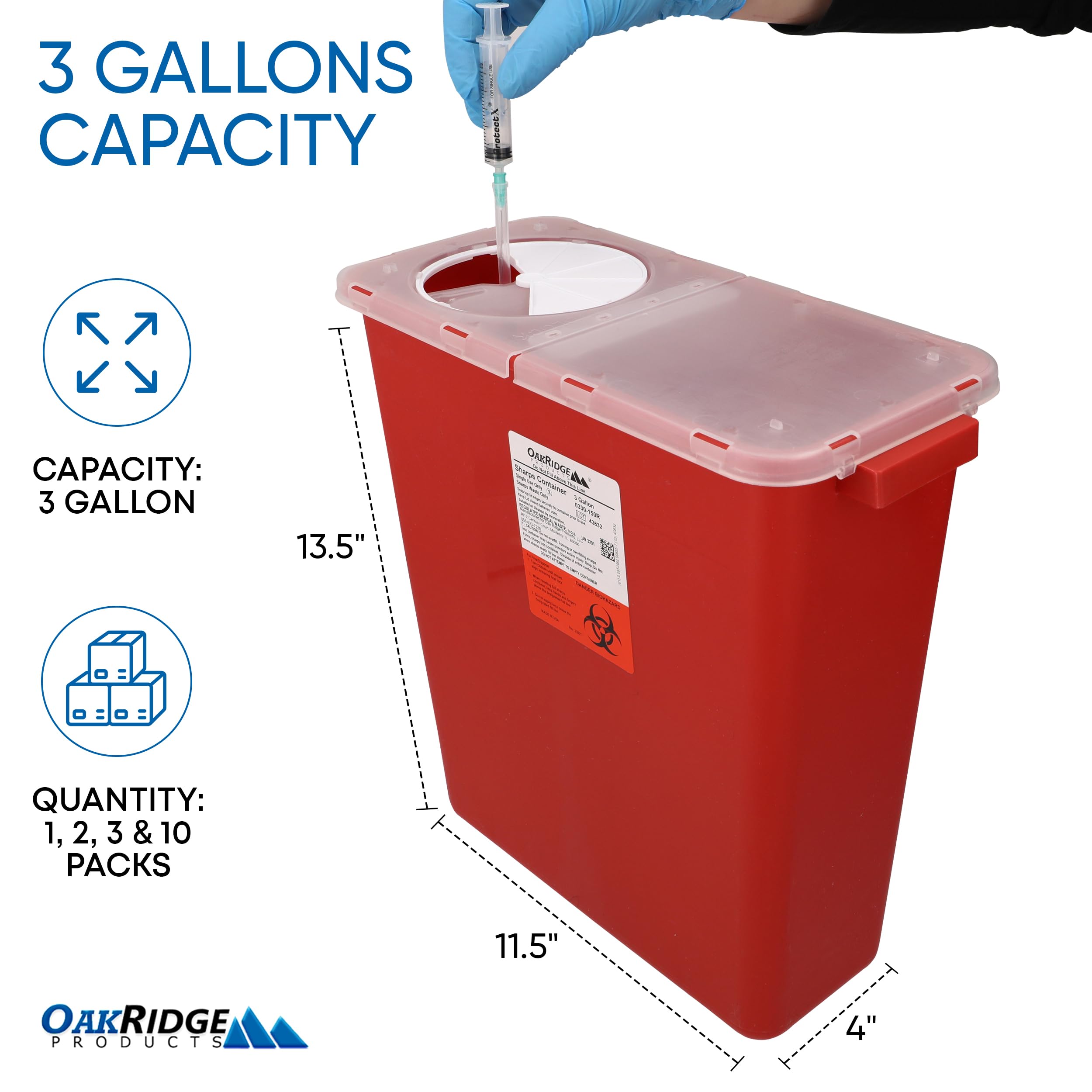 Oakridge 3-gallon sharps container offers higher volume capacity for busy clinics and home use.