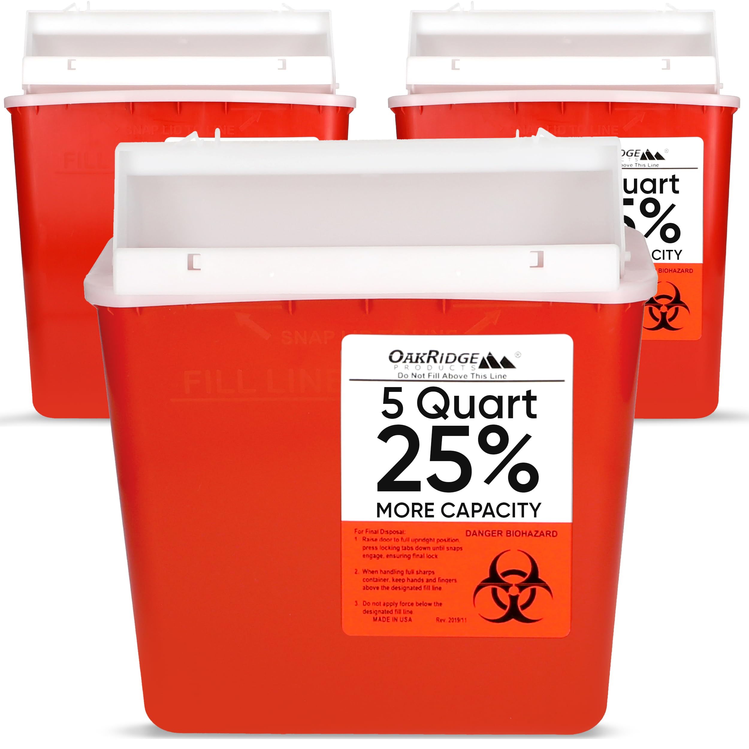 Oakridge Sharps Container with mailbox-style lid ideal for safe disposal at clinics and homes