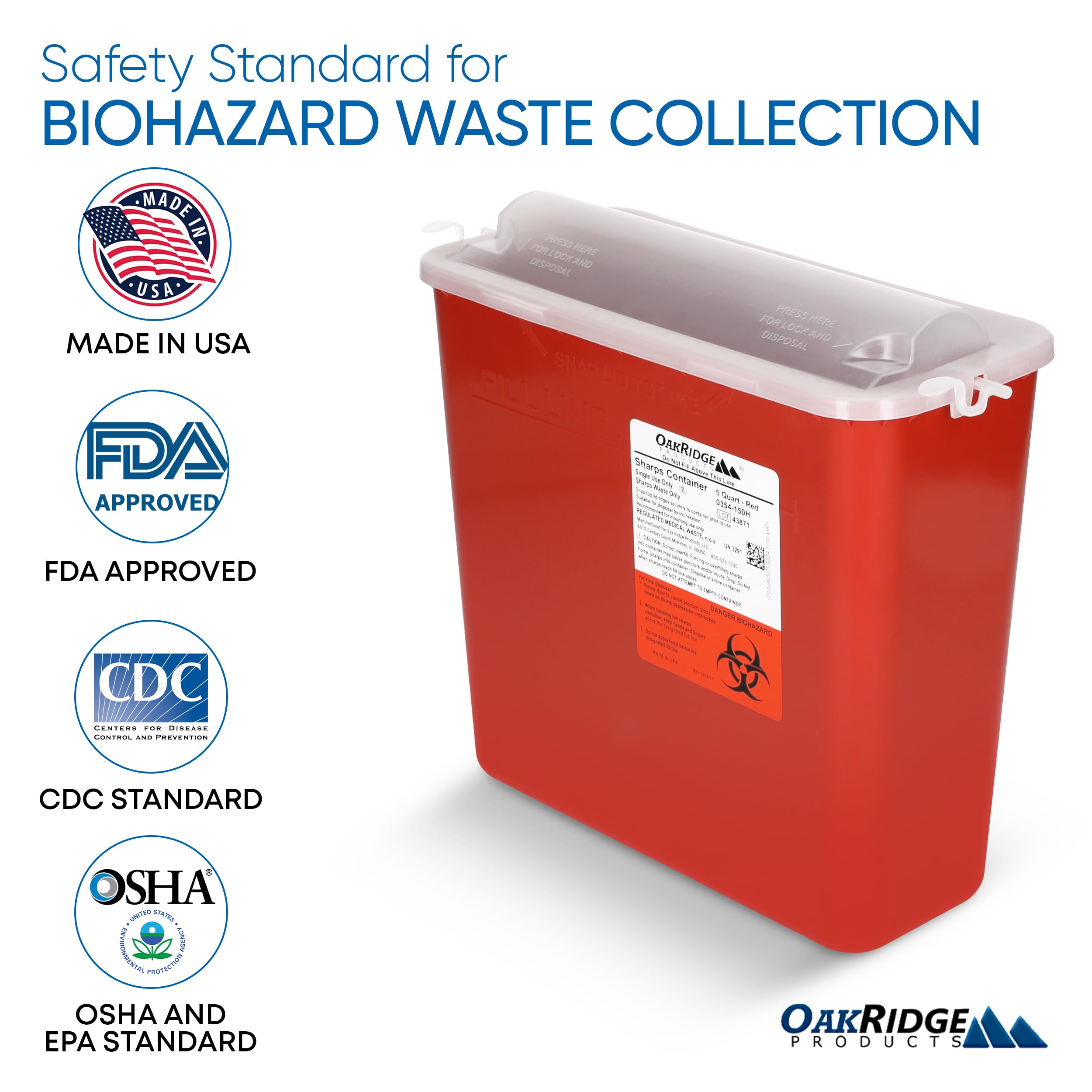 Oakridge Sharps Container dimensions 10 x 4.5 x 10.5 inches for space-conscious placement.